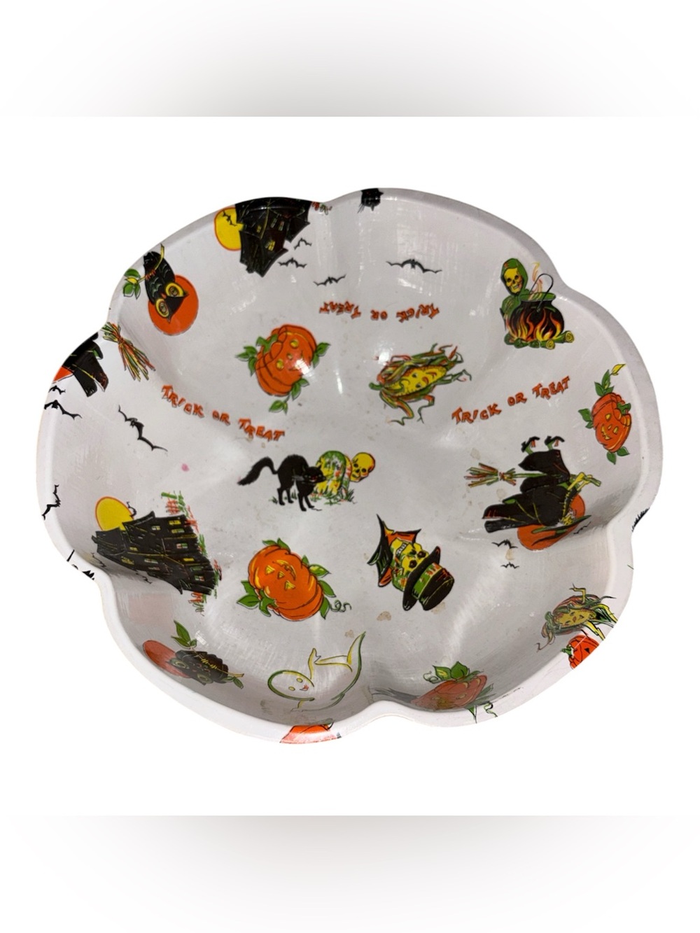 Vtg Halloween 1930s 1940s Old Black Cat Trick Or Treat Candy Dish Container Bowl